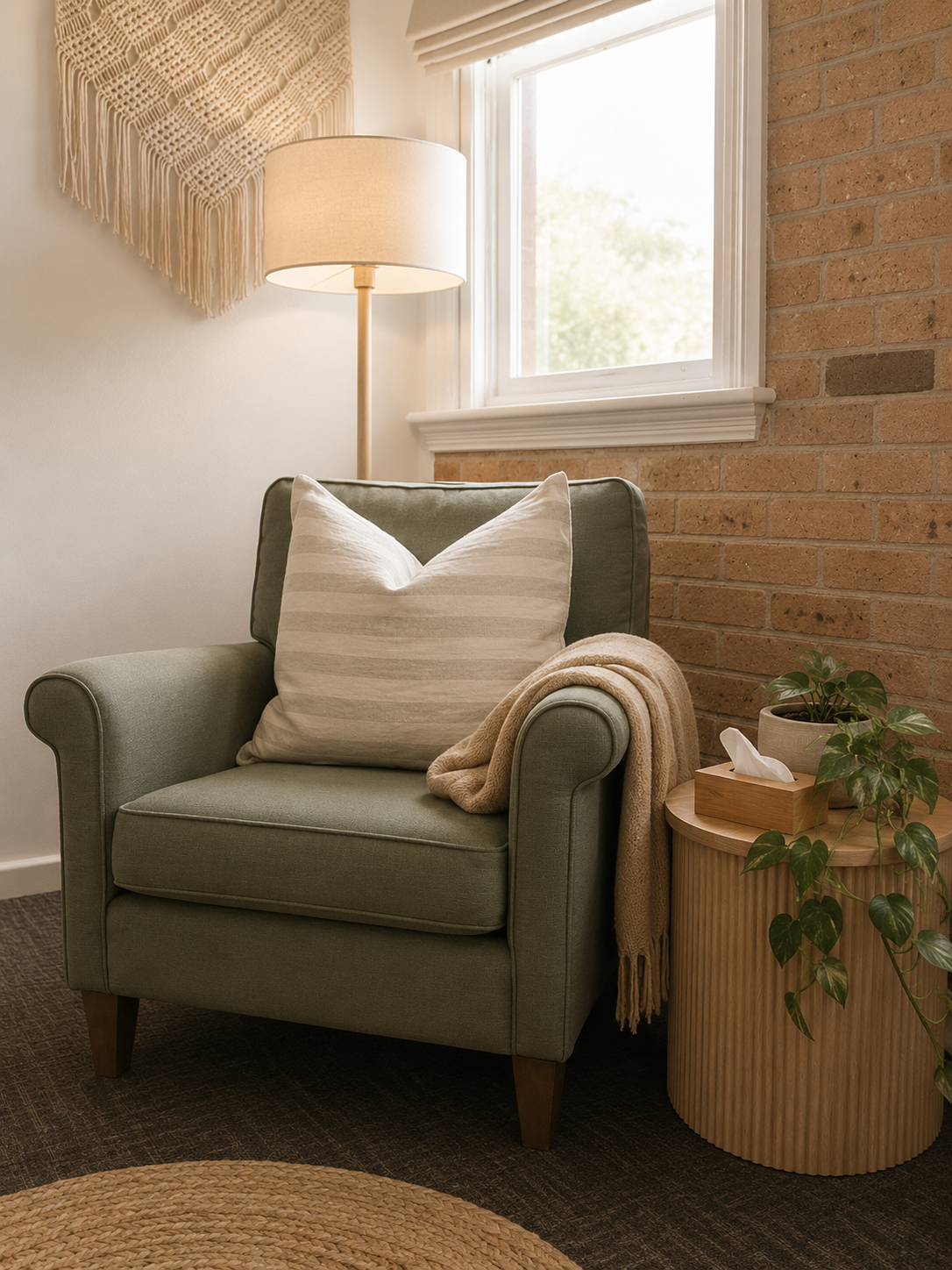 A welcoming therapy room with a green armchair, soft cushion, throw and warm lamplight, ready for a first session