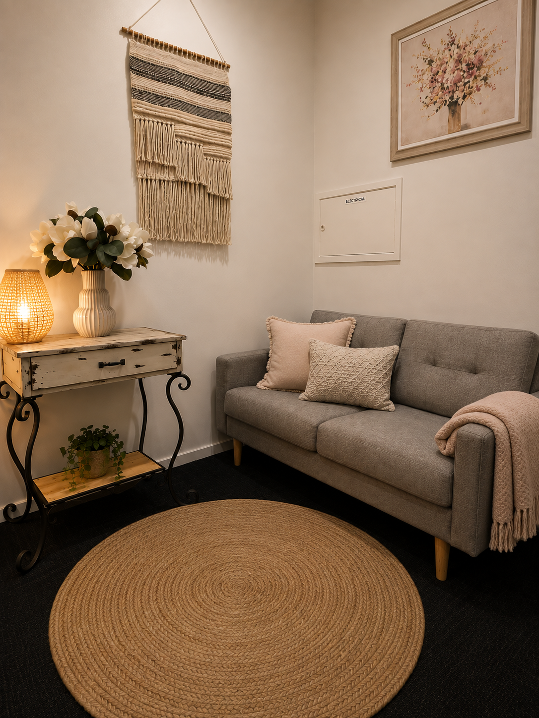 A cosy Picton Psychology therapy room with a soft grey sofa, macrame wall hanging and warm lamplight