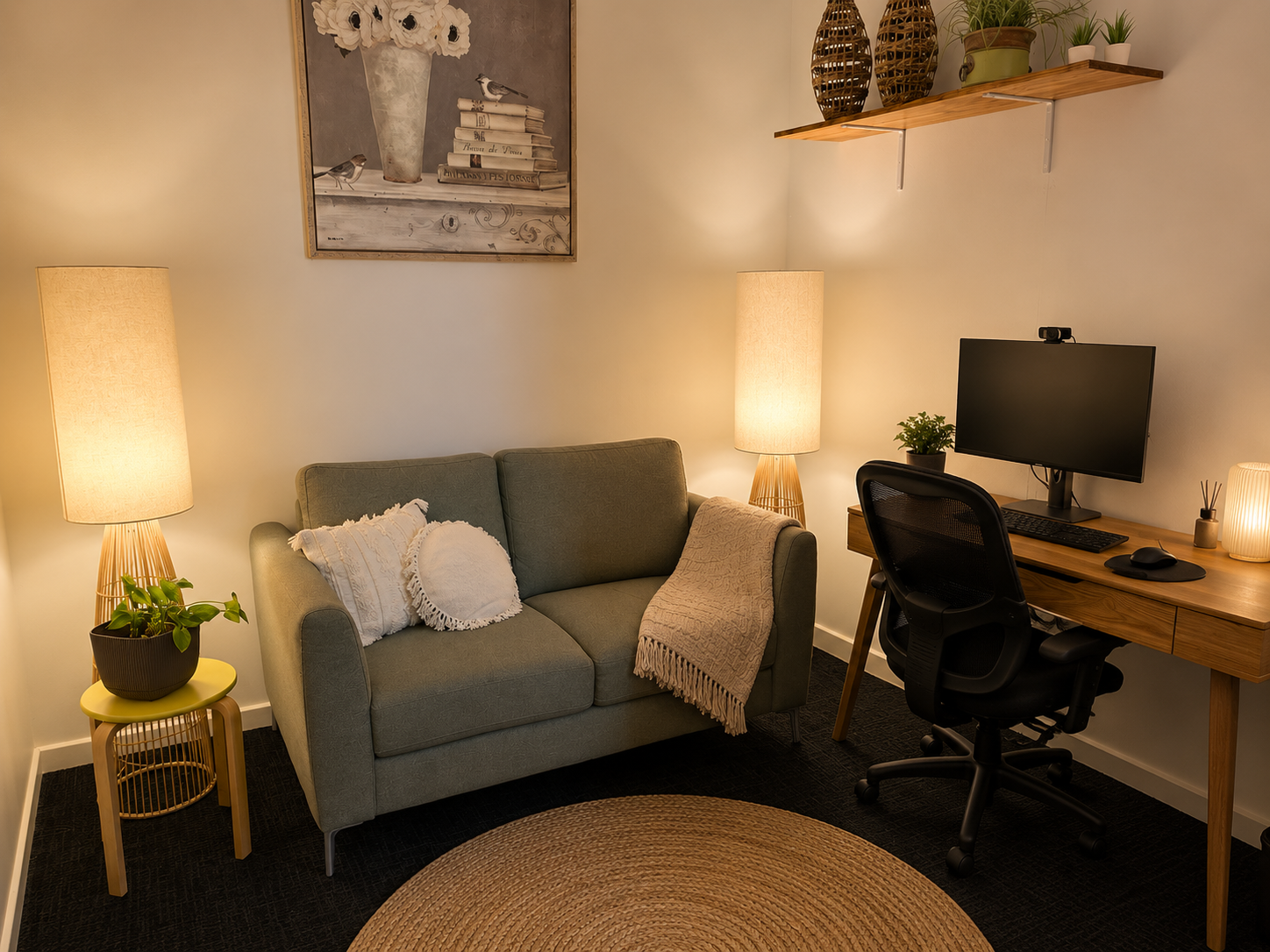 A calm therapy room set up for both in-person and telehealth sessions, with a soft sofa and a tidy desk with a monitor