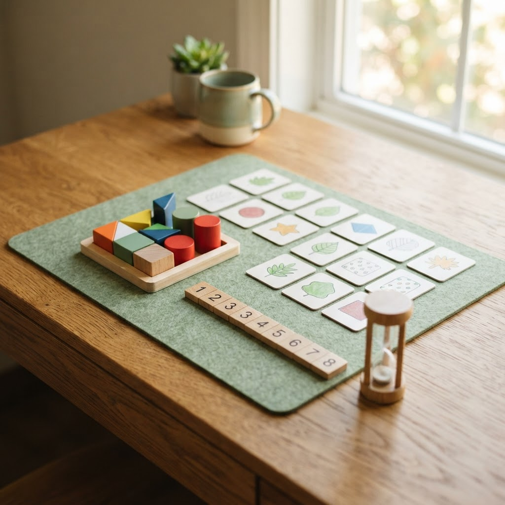 Cognitive assessment materials on a sage mat: a geometric block-sorting set, a grid of memory-matching cards, numbered sequencing tiles and an hourglass timer