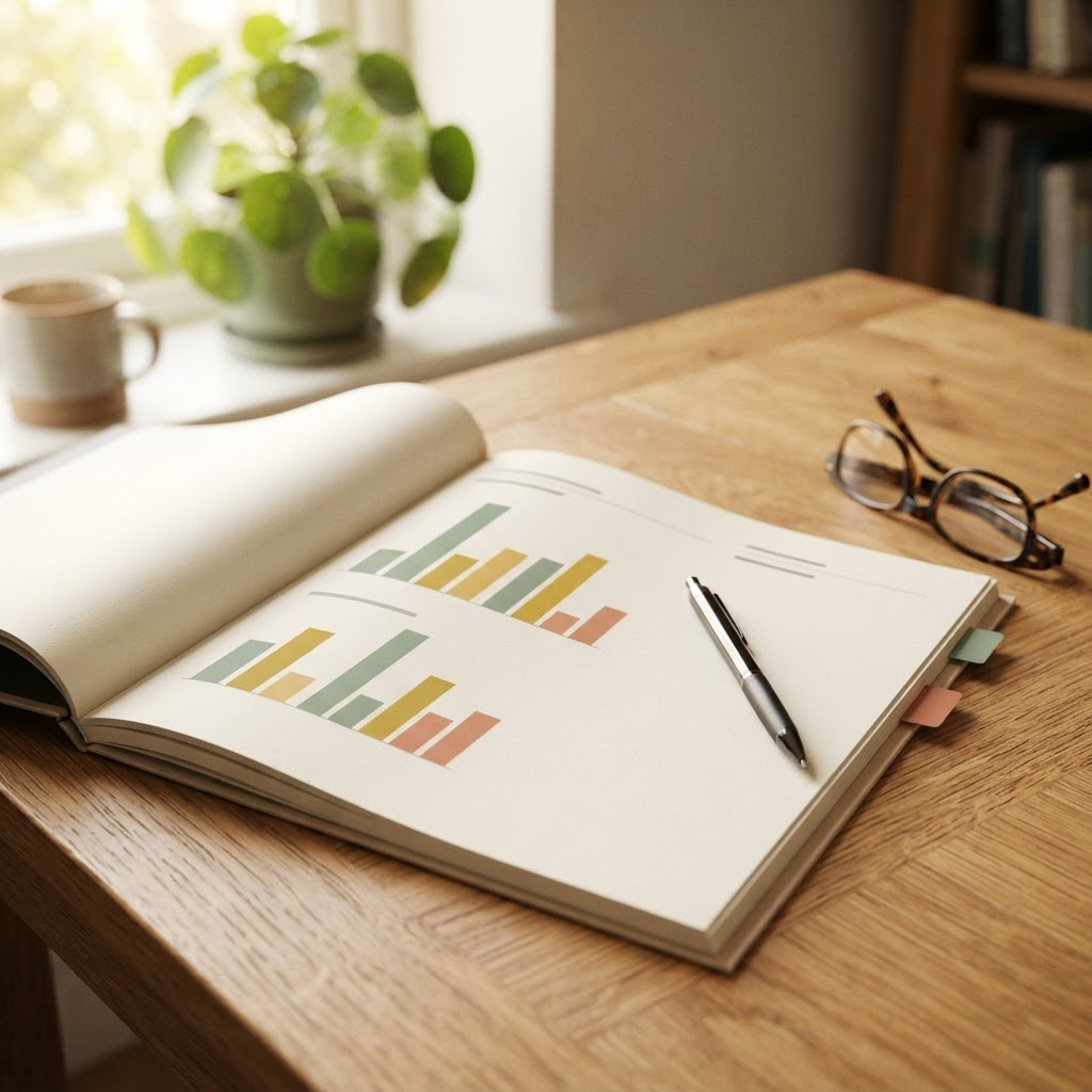 An open assessment report showing a colourful bar-chart cognitive profile with index tabs, a pen and reading glasses on a wooden desk in warm natural light