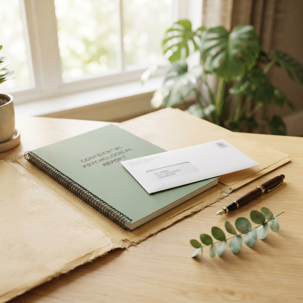 A sage-covered psychological report in an open document wallet with a window envelope, a fountain pen and a sprig of eucalyptus, representing clear supporting documentation
