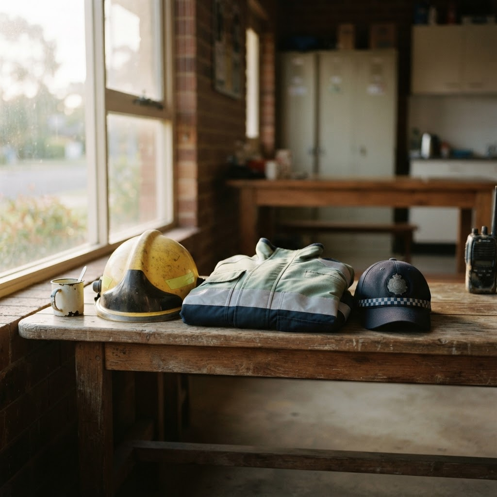 A firefighter's helmet, folded hi-vis jacket and police cap resting on a wooden bench in warm morning light at the end of a shift