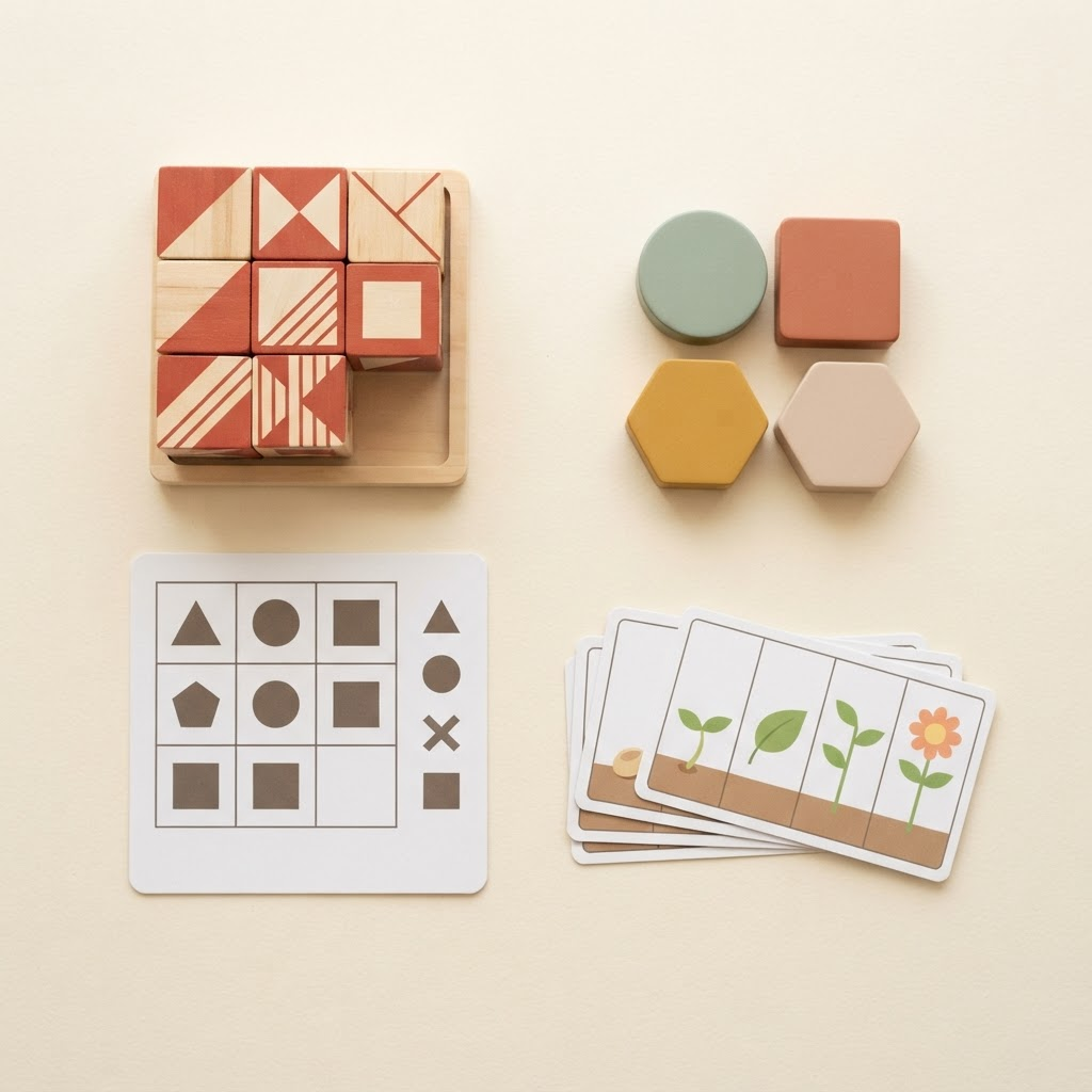 Cognitive reasoning assessment materials laid out on a cream surface: pattern-design blocks, a matrix reasoning card, shape pieces and sequencing cards