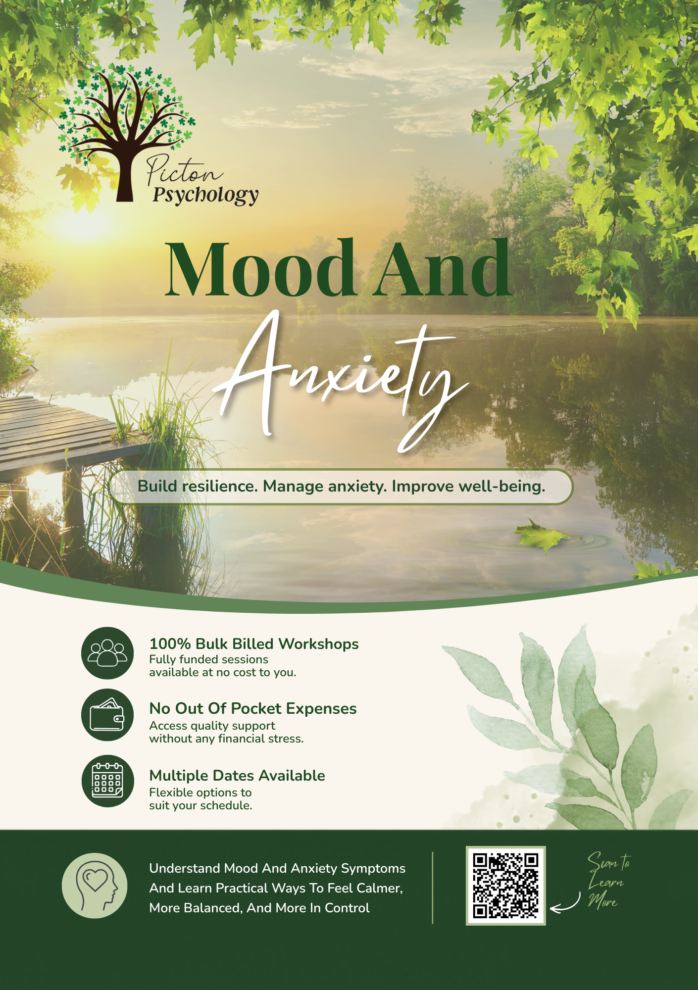 Mood and Anxiety workshop flyer with the Picton Psychology logo, a serene sunrise lake scene, and details of bulk-billed sessions