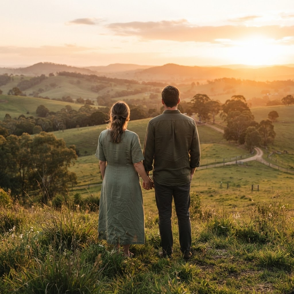 A couple seen from behind holding hands, looking out over rolling green hills at a golden sunset