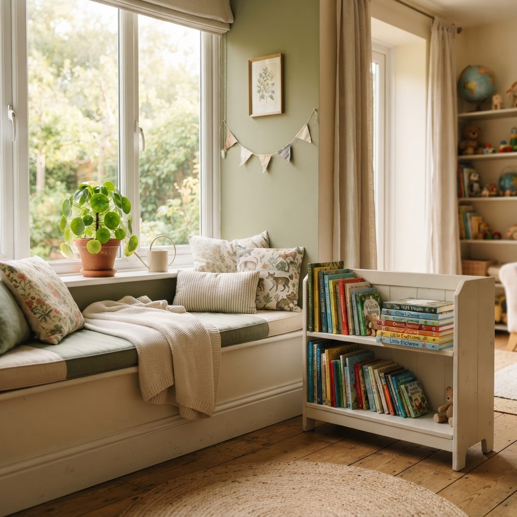 A bright, cosy children's reading nook with a cushioned window seat and a colourful bookshelf full of storybooks in warm afternoon light