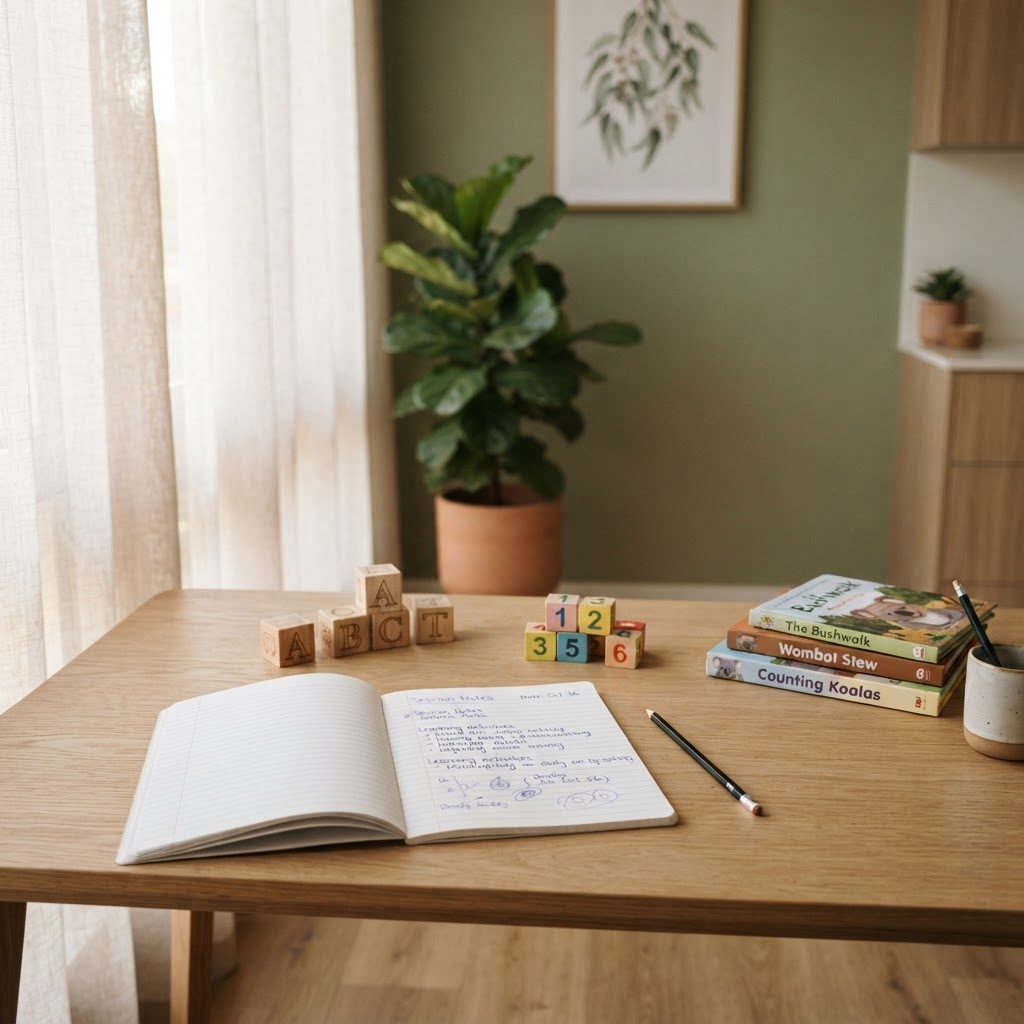 A calm learning desk with an open notebook, alphabet blocks, number tiles, a pencil and reading books in warm natural light