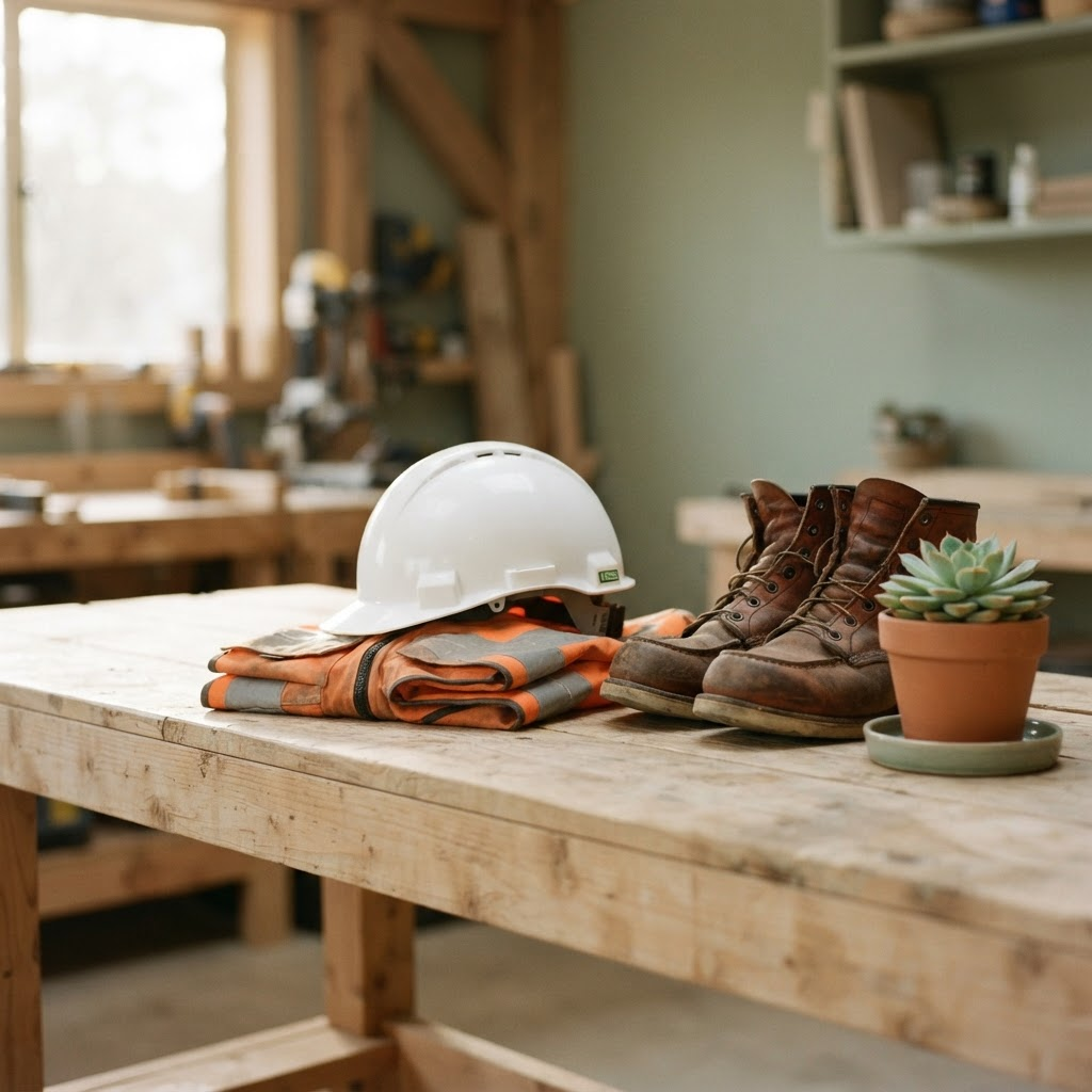 A white safety hard hat, folded hi-vis vest and worn work boots resting on a timber workbench in warm morning light